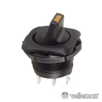 Interruptor de alavanca preto com destaque amarelo e terminais metálicos