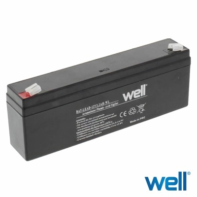 Bateria selada preta Well com terminais vermelho e branco e texto técnico impressos