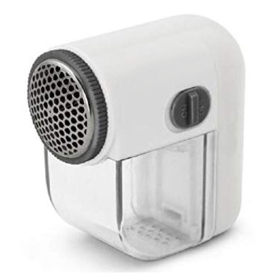 Máquina depeladora de tecido branca com grelha metálica preta e reservatório transparente