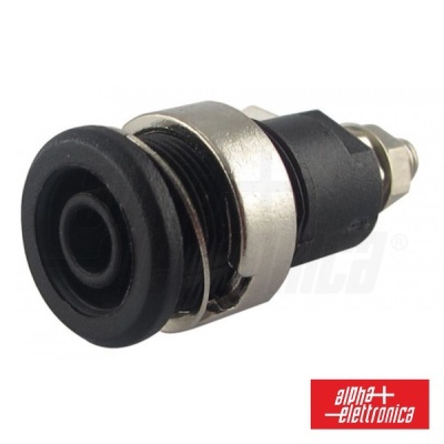 Conector jack mono preto com corpo metálico e logótipo Alpha Elettronica