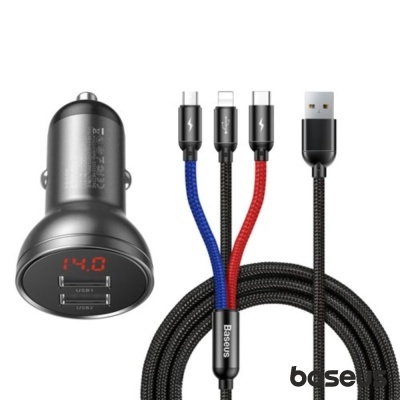 Adaptador Ficha Isqueiro 2 USB-A 5V 4.8A C Cabo 3em1 BASEUS