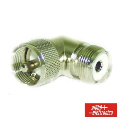 Conector metálico em ângulo 90 graus com rosca e texto alpha elettronica