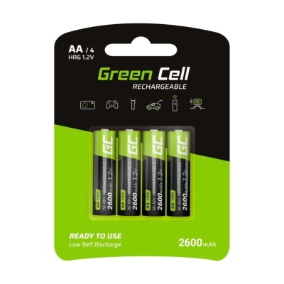 Pack de 4 pilhas recarregáveis AA Green Cell 2600mAh em embalagem preta e verde