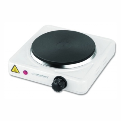 Fogão elétrico portátil branco com placa preta e botão de controlo