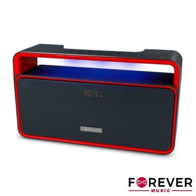 Coluna portátil preta com detalhes vermelhos e display digital