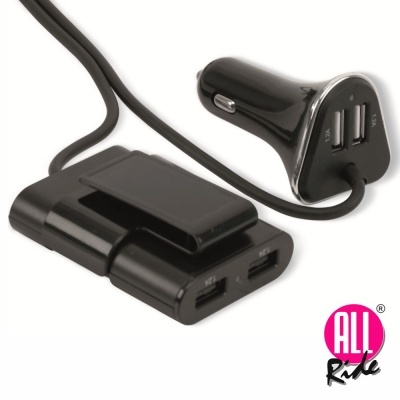Carregador de carro preto com duas portas USB e unidade adicional