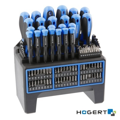 Conjunto de ferramentas HOGERT com várias chaves de fendas e bits organizados numa base preta e azul