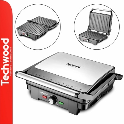 Grill elétrico Techwood com tampa prateada e placas riscadas antiaderentes.