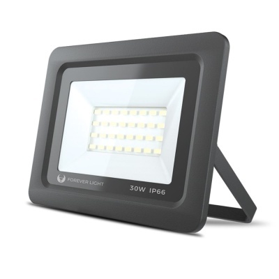 Projetor LED cinzento escuro com LEDs e texto na frente