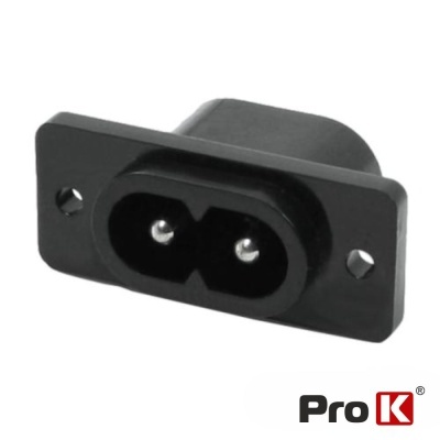 Conector elétrico feminino preto com dois pinos e estrutura retangular ProK