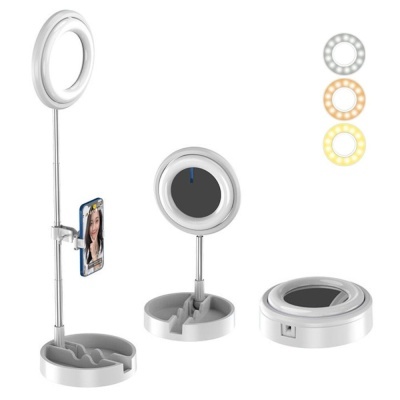 ring light branco com suporte ajustável para telemóvel e base redonda com compartimentos