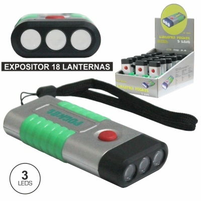 lanterna portátil verde e cinzenta com 3 LEDs e botão vermelho