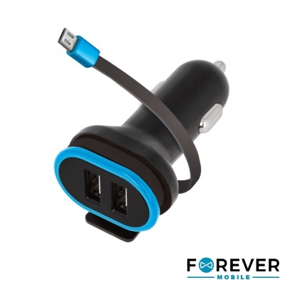 Carregador de carro preto e azul com duas portas USB e cabo micro USB