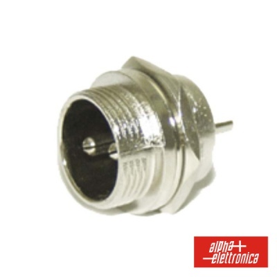 Conector metálico prateado com rosca e marca alpha elettronica