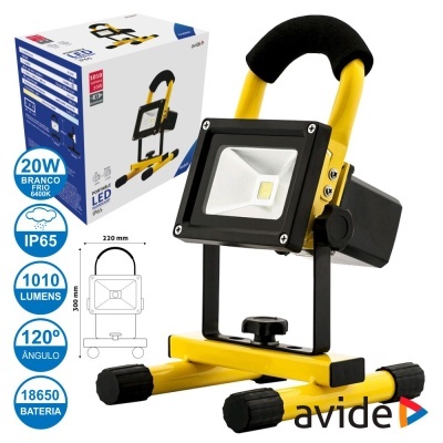 Projetor LED portátil amarelo e preto com suporte ajustável e pega emborrachada