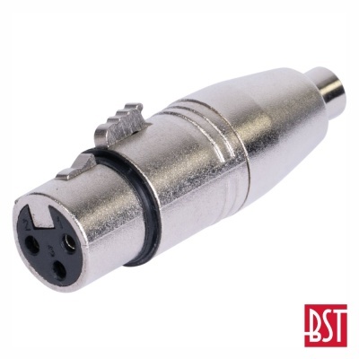 Conector XLR metálico prateado com três orifícios e fecho em mola