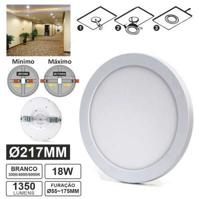 Luz de teto redonda branca 18W 217mm com instruções de instalação