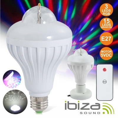 LÂMPADA ROTATIVA 3 LEDS 1W RGB E27 E 15 LEDS BRANCOS IBIZA
