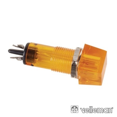 Botão-push laranja translúcido com corpo amarelo e conetores metálicos