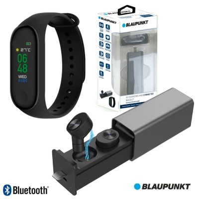 Pulseira inteligente preta com ecrã a cores e auscultadores Bluetooth com estojo na embalagem BLAUPUNKT
