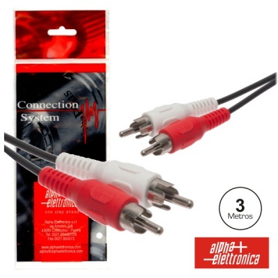 Cabo de áudio RCA com conectores vermelho e branco e embalagem Alfa elettronica.