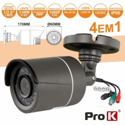 Câmara de segurança preta com LEDs IR e conectores coloridos em fundo laranja e branco