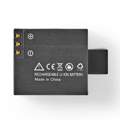 Bateria recarregável de iões de lítio preta com terminais dourados e texto em branco