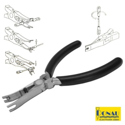 Alicate com cabos pretos e ponta metálica para clips com instruções e logotipo DONAU ELEKTRONIK GMBH