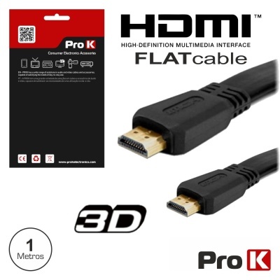Cabo HDMI preto FLAT com conectores dourados e embalagem vermelha e preta da marca ProK
