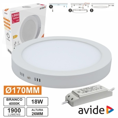 Luz de teto redonda branca Avide com driver e embalagem, texto técnico visível