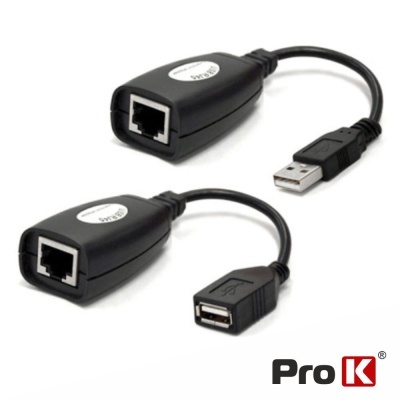 Adaptadores USB para RJ45 em preto com etiquetas brancas e logótipo ProK