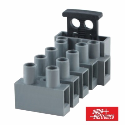 Conector elétrico cinzento com oito pinos e logótipo 'alpha elettronica'