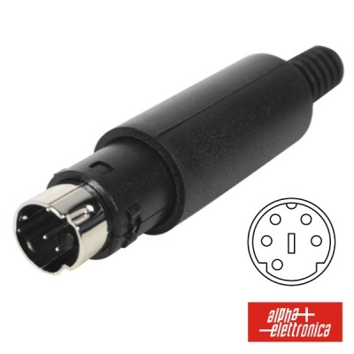 Conector elétrico DIN preto com quatro pinos e logótipo alpha elettronica vermelho