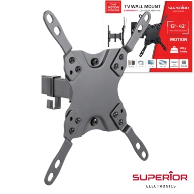 Suporte de parede para TV metálico cinza com embalagem ao fundo