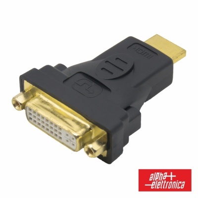Adaptador HDMI para DVI com conetores dourados em corpo preto e logótipo alpha+ elettronica