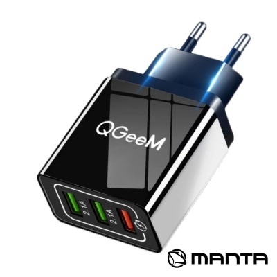 Alimentador Compacto 3xUSB-A QC 3.0 Preto MANTA