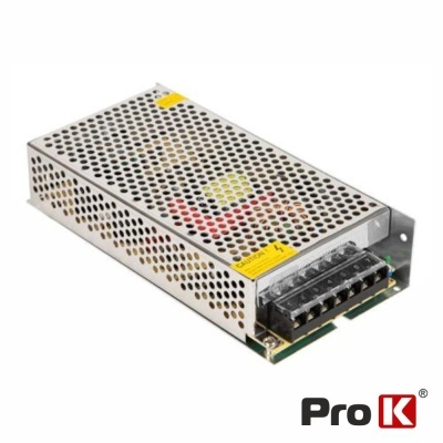 Fonte de alimentação metálica perfurada Prateada com conectores e etiquetas amarelas