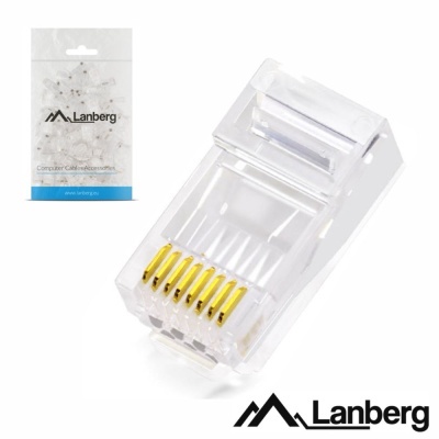 Conector RJ45 transparente Lanberg com pinos dourados e embalagem de plástico