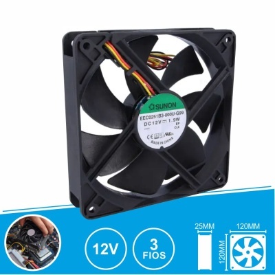 Ventoinha preta SUNON 12V com 7 lâminas e 3 fios, medidas 120x120x25 mm
