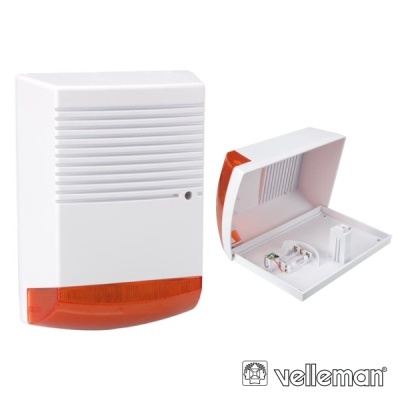 Dispositivo eletrónico branco com detalhe vermelho da marca Velleman aberto e fechado