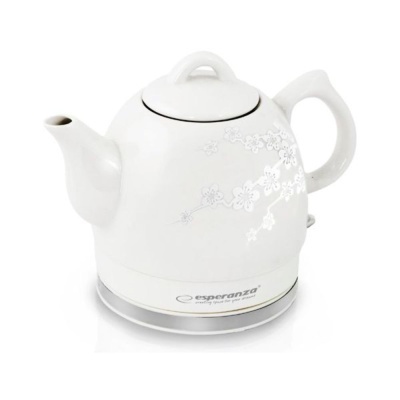 Chaleira elétrica branca com padrão floral prateado e base elétrica