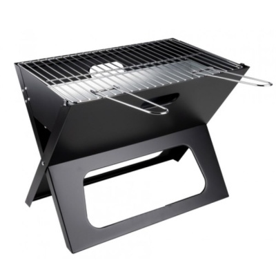 Grelhador portátil preto com grelha cromada, estrutura dobrável em X