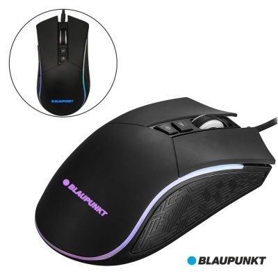 Rato de computador preto com iluminação LED e texto BLAUPUNKT