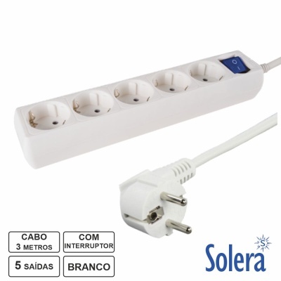 Extensão elétrica branca Solera com 5 tomadas e interruptor azul