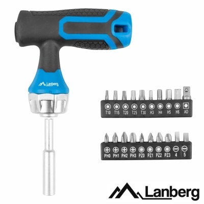 Conjunto de chaves de fendas Lanberg com pega preto e azul e 20 pontas metálicas organizadas