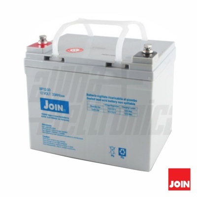 Bateria selada de ácido chumbo cinzenta com texto azul e pega branca