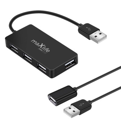 Hub USB preto da maXlife com 4 portas USB e cabos USB integrados