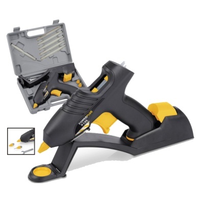 Pistola de cola quente preta e amarela com mala de acessórios cinza