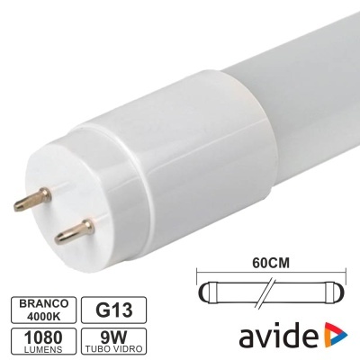 Lâmpada LED tubular branca G13 9W Avide com etiquetas técnicas