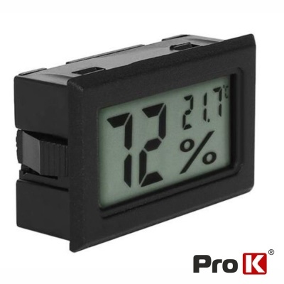Higrómetro digital com moldura preta e visor LCD grande mostrando 72% e 21.7°C